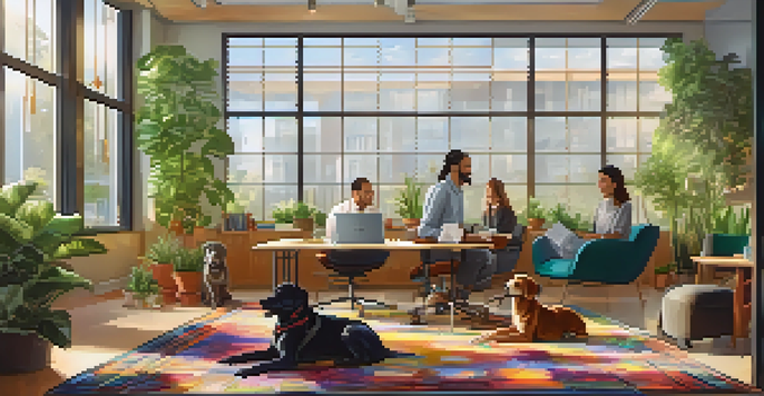 A therapy dog resting on a rug in a bright office, with employees chatting and plants around.
