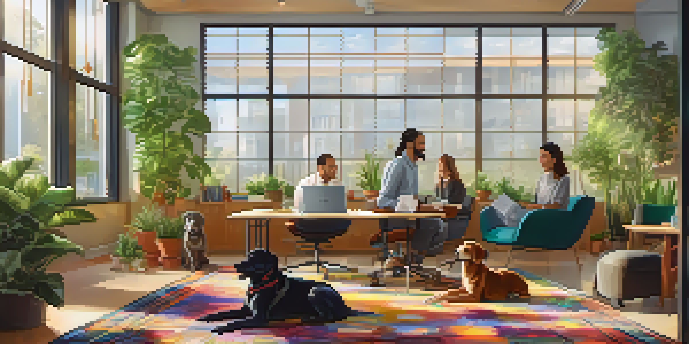 A therapy dog resting on a rug in a bright office, with employees chatting and plants around.