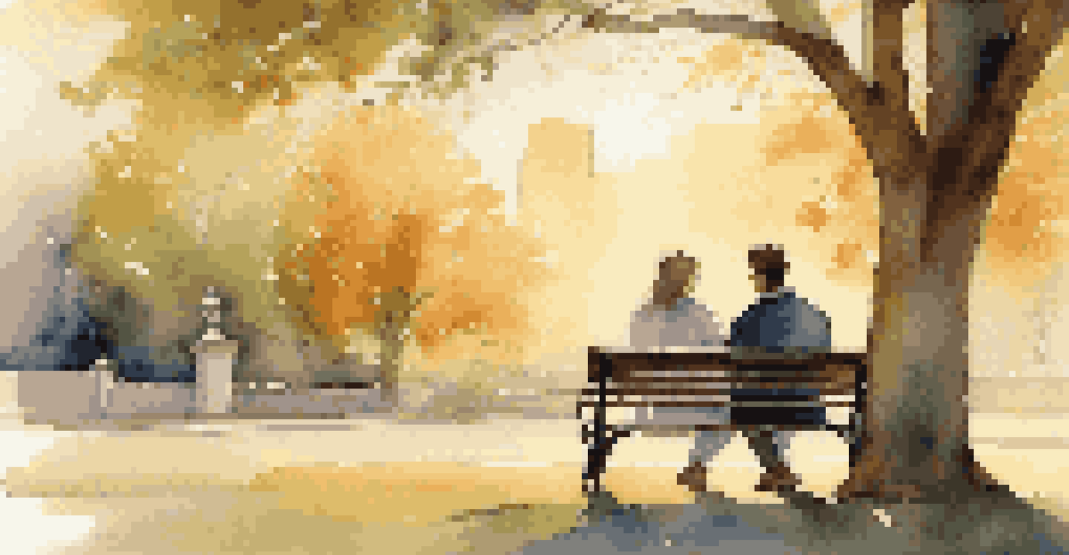 A couple sits on a bench in a park at sunset with a calm cat in their laps, radiating a sense of peace and contentment.