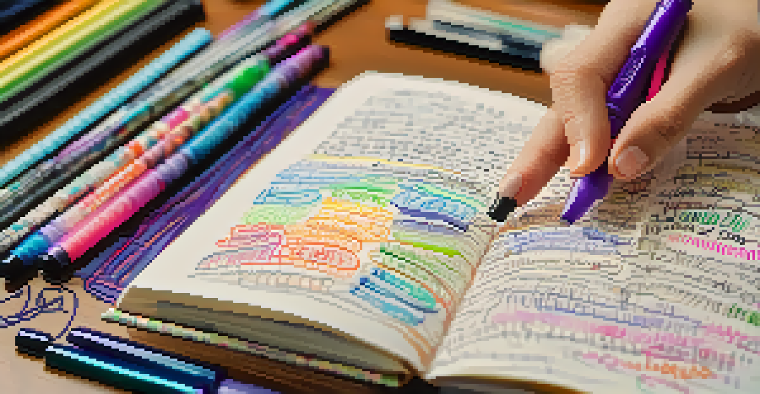 A close-up of a hand writing in a colorful journal, surrounded by artistic supplies, capturing the creative process of journaling.