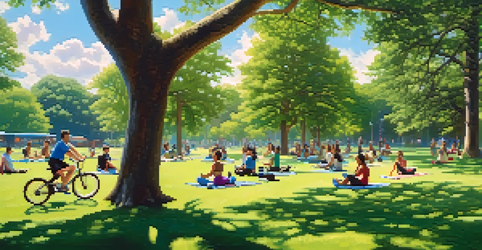 A vibrant park filled with people jogging, cycling, and practicing yoga under a bright blue sky and lush green trees.