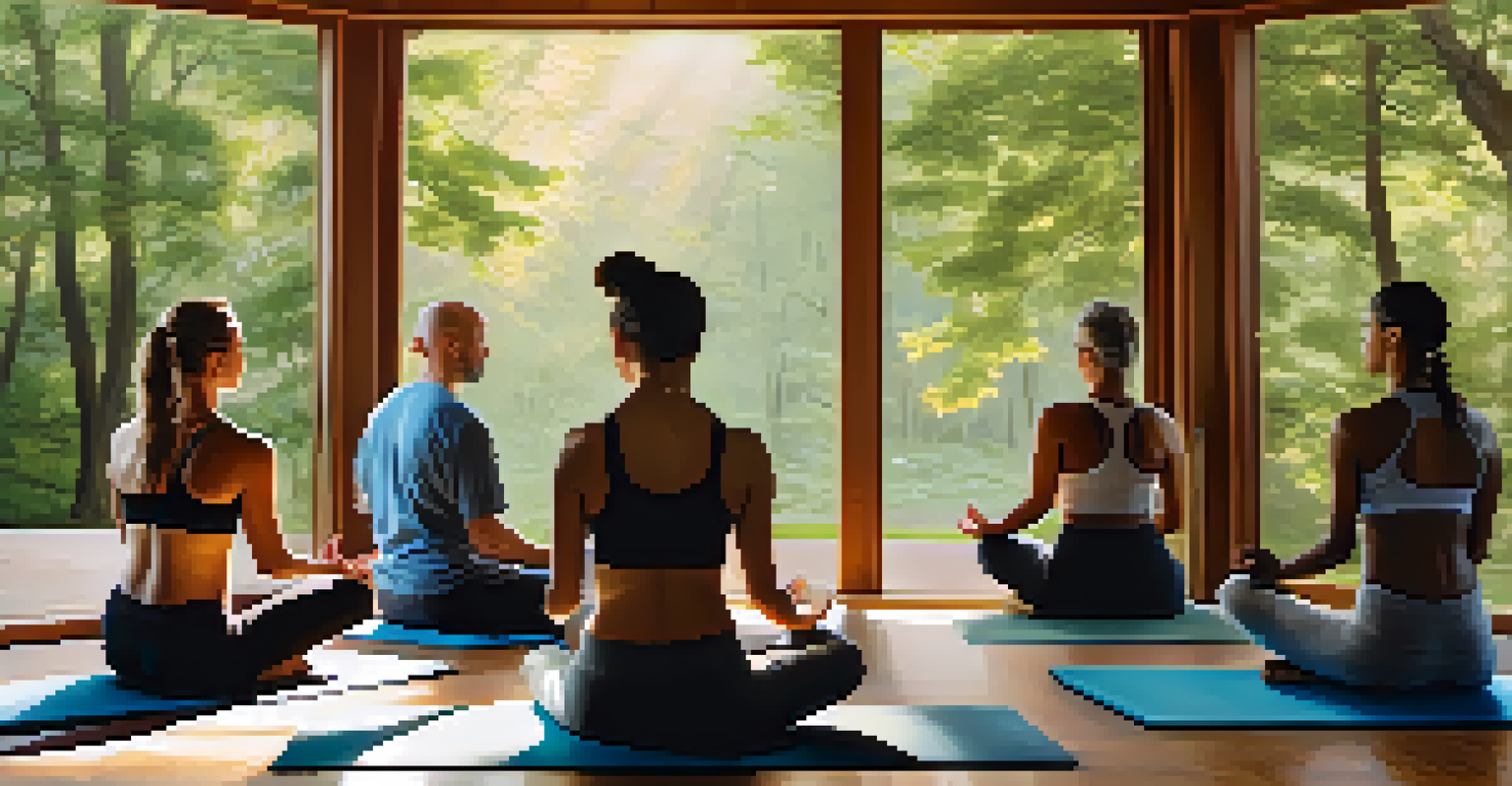 Individuals meditating in a circle on yoga mats at a detox retreat, surrounded by nature and soft sunlight, creating a peaceful atmosphere.