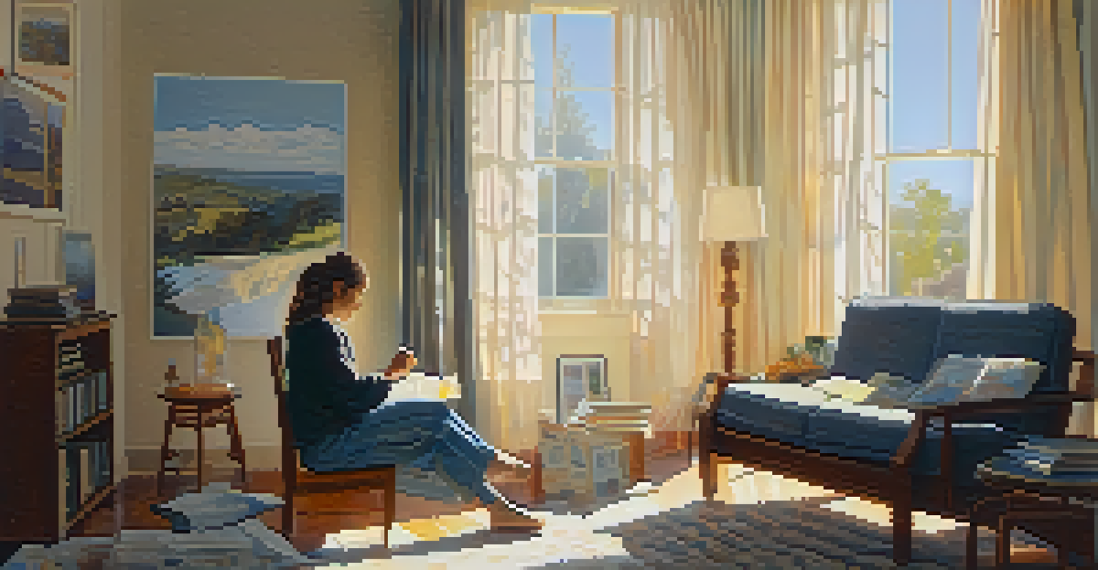 A person sitting in a cozy living room, looking relaxed with health pamphlets and a glass of water nearby, illuminated by soft sunlight.