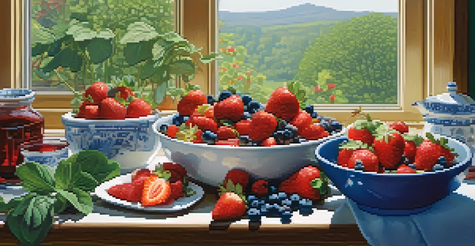 A kitchen table filled with various colorful antioxidant-rich foods like strawberries, blueberries, spinach, and dark chocolate, illuminated by soft natural light.