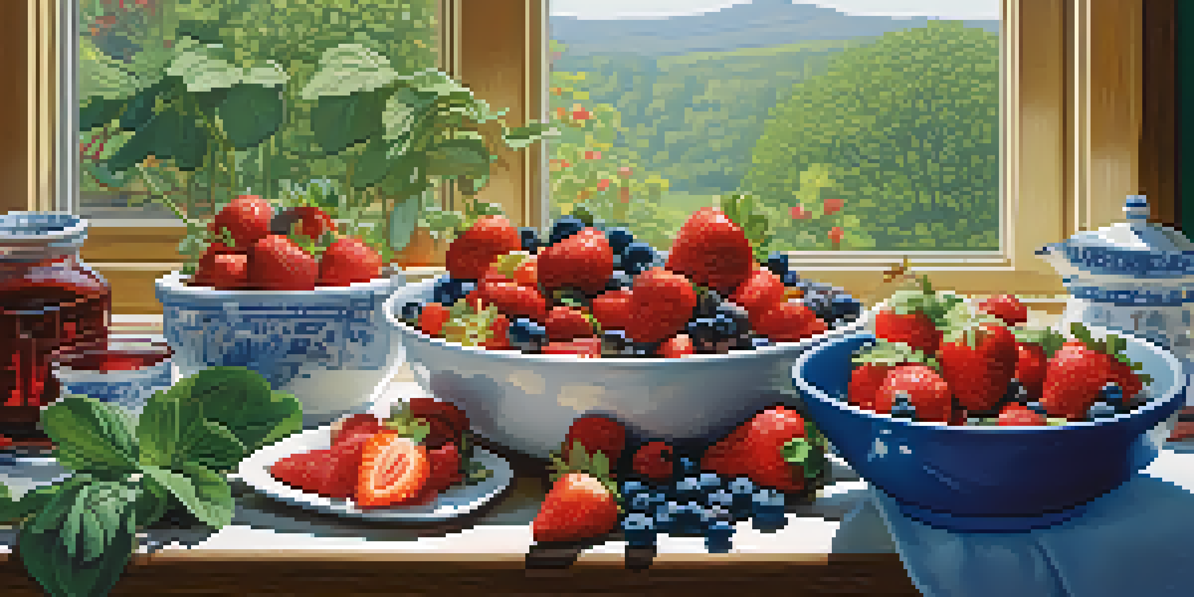 A kitchen table filled with various colorful antioxidant-rich foods like strawberries, blueberries, spinach, and dark chocolate, illuminated by soft natural light.
