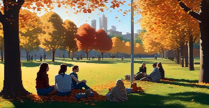 A diverse group of young people sitting on a grassy hill in a park, engaging in conversation during sunset with autumn leaves in the background.
