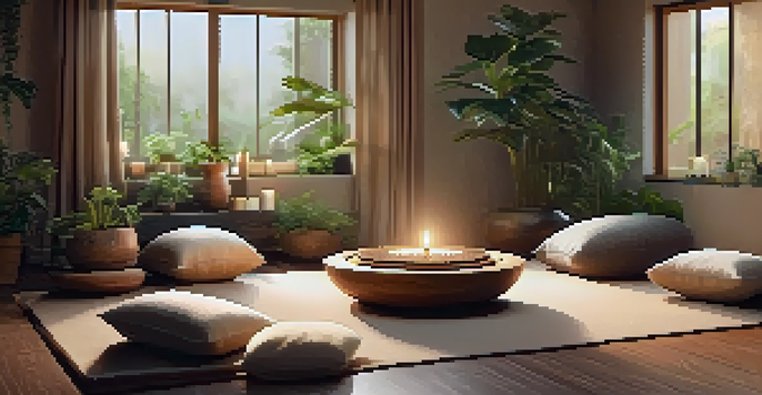 A cozy sound meditation space with a soft mat, cushions, Tibetan singing bowls, ambient lighting, and plants.