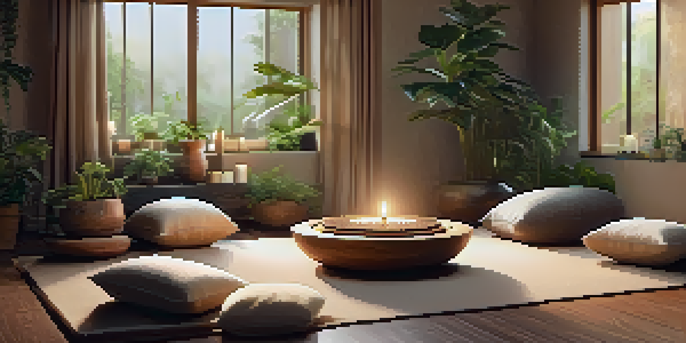 A cozy sound meditation space with a soft mat, cushions, Tibetan singing bowls, ambient lighting, and plants.