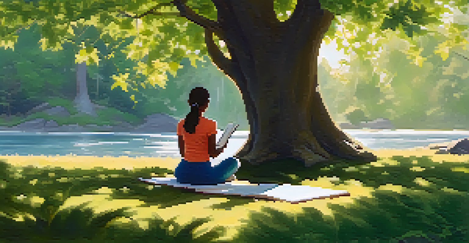 A person meditating outside under a tree, with a journal and water bottle nearby, surrounded by nature.
