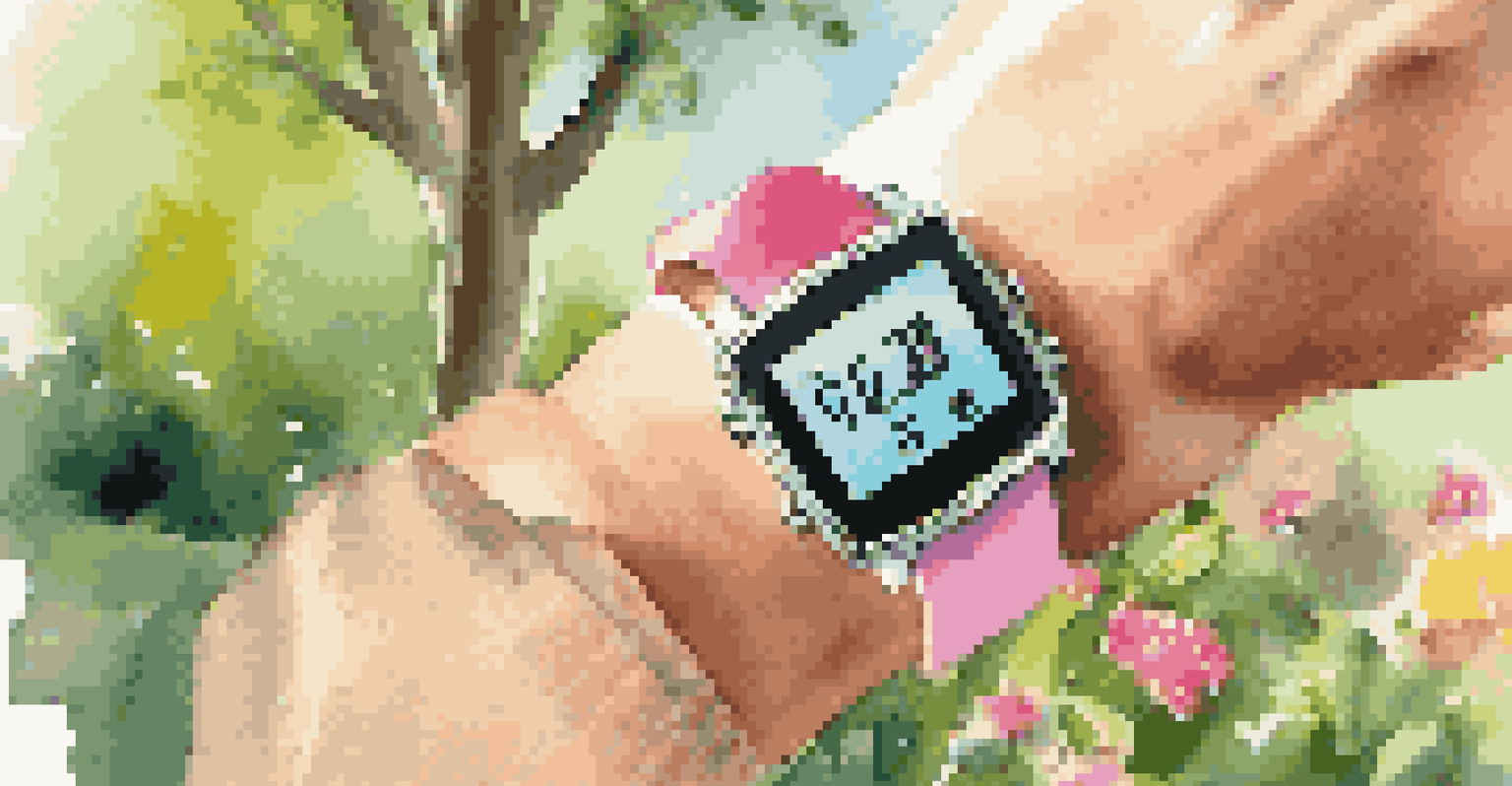 A senior's hand checking a fitness tracker while walking in a vibrant park filled with greenery.