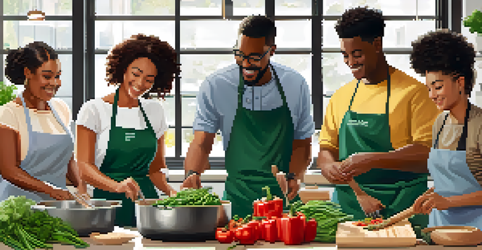 A lively cooking class with diverse participants working together in a bright kitchen, surrounded by fresh ingredients and cooking tools.