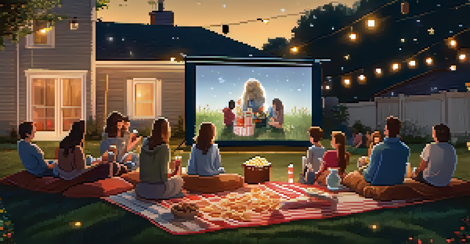 Families enjoying an outdoor movie night under the stars with a projector and cozy blankets.