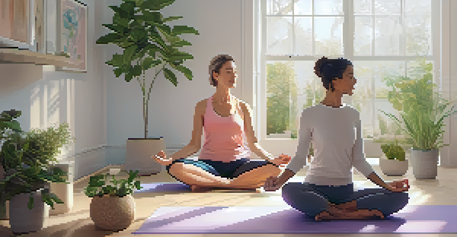 A senior woman practicing yoga with an instructor in a peaceful studio filled with plants and natural light.