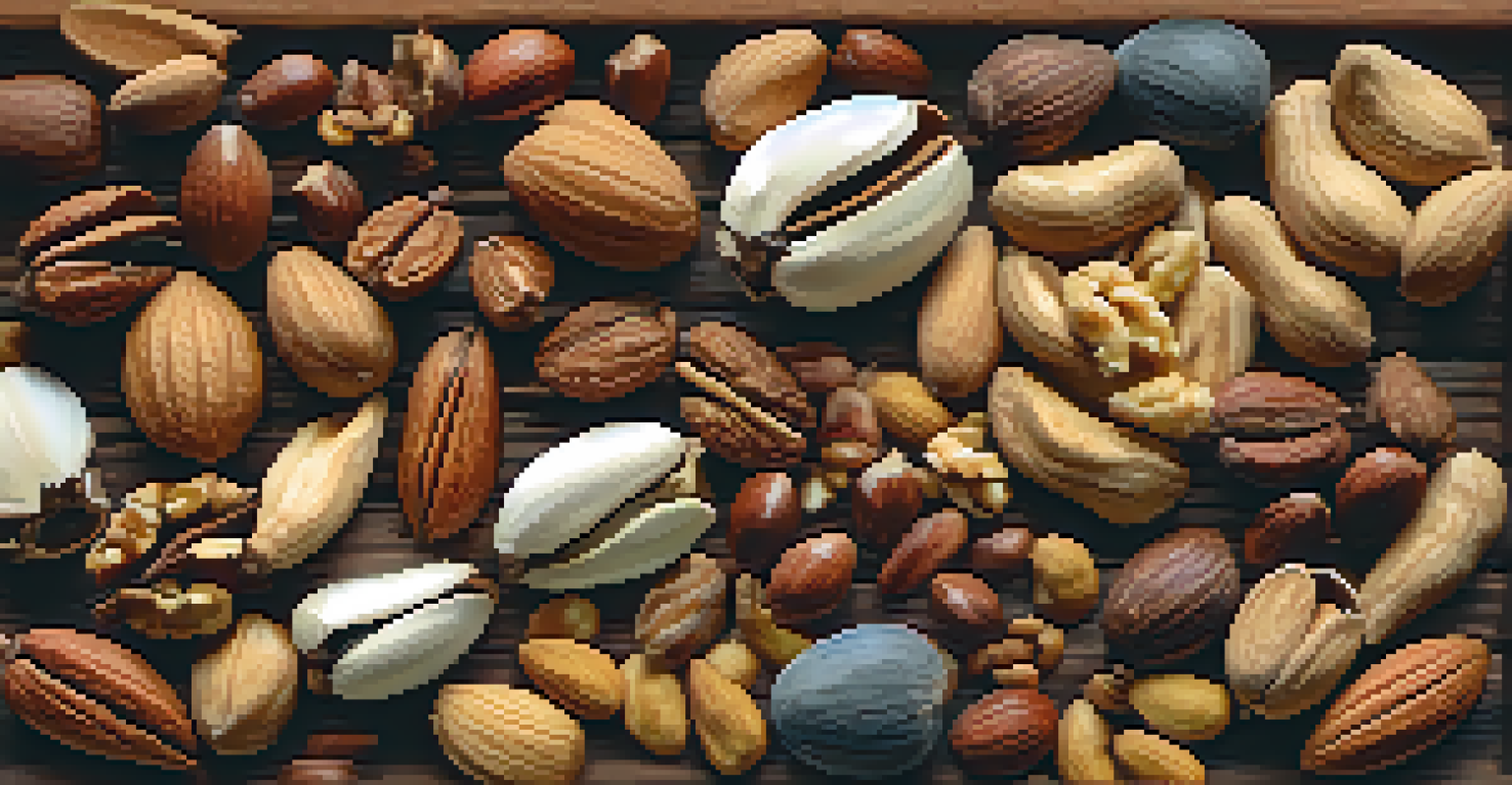 A close-up of a wooden plate filled with assorted nuts and seeds, emphasizing their textures and colors in a softly blurred background.