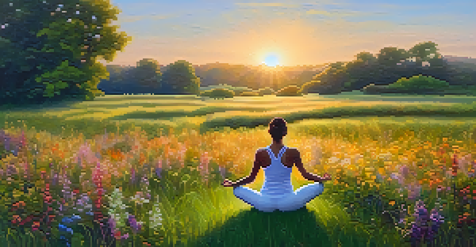 A person practicing yoga on a grassy field during sunset, surrounded by nature.