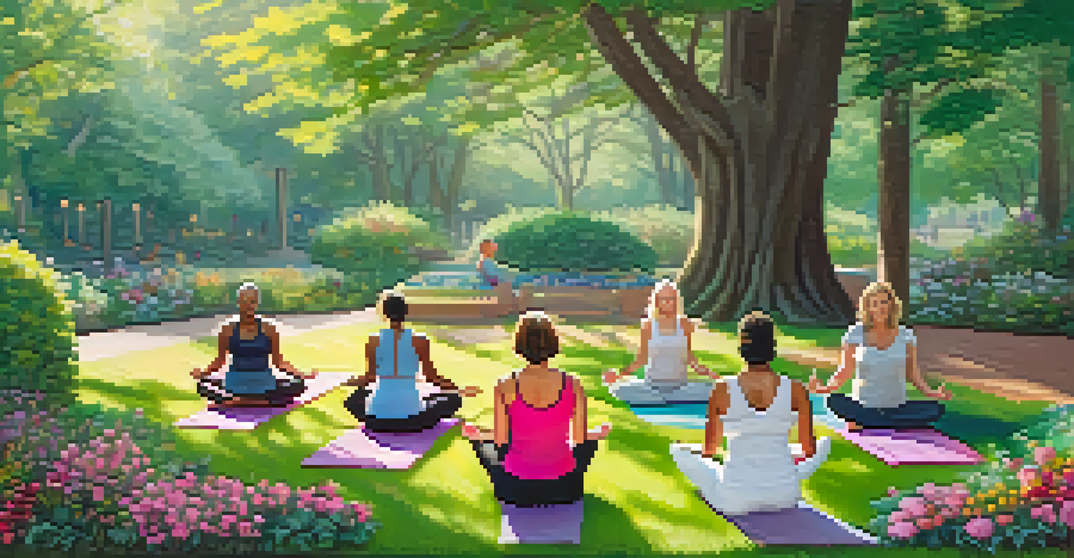 A group of women practicing yoga in a park, surrounded by nature and colorful mats.