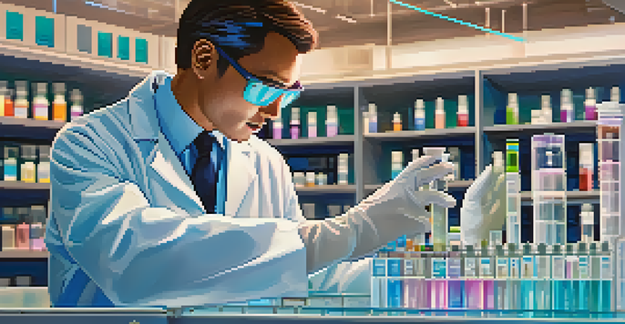 A scientist in a laboratory handling vials of mRNA vaccines with advanced equipment and digital displays in the background.