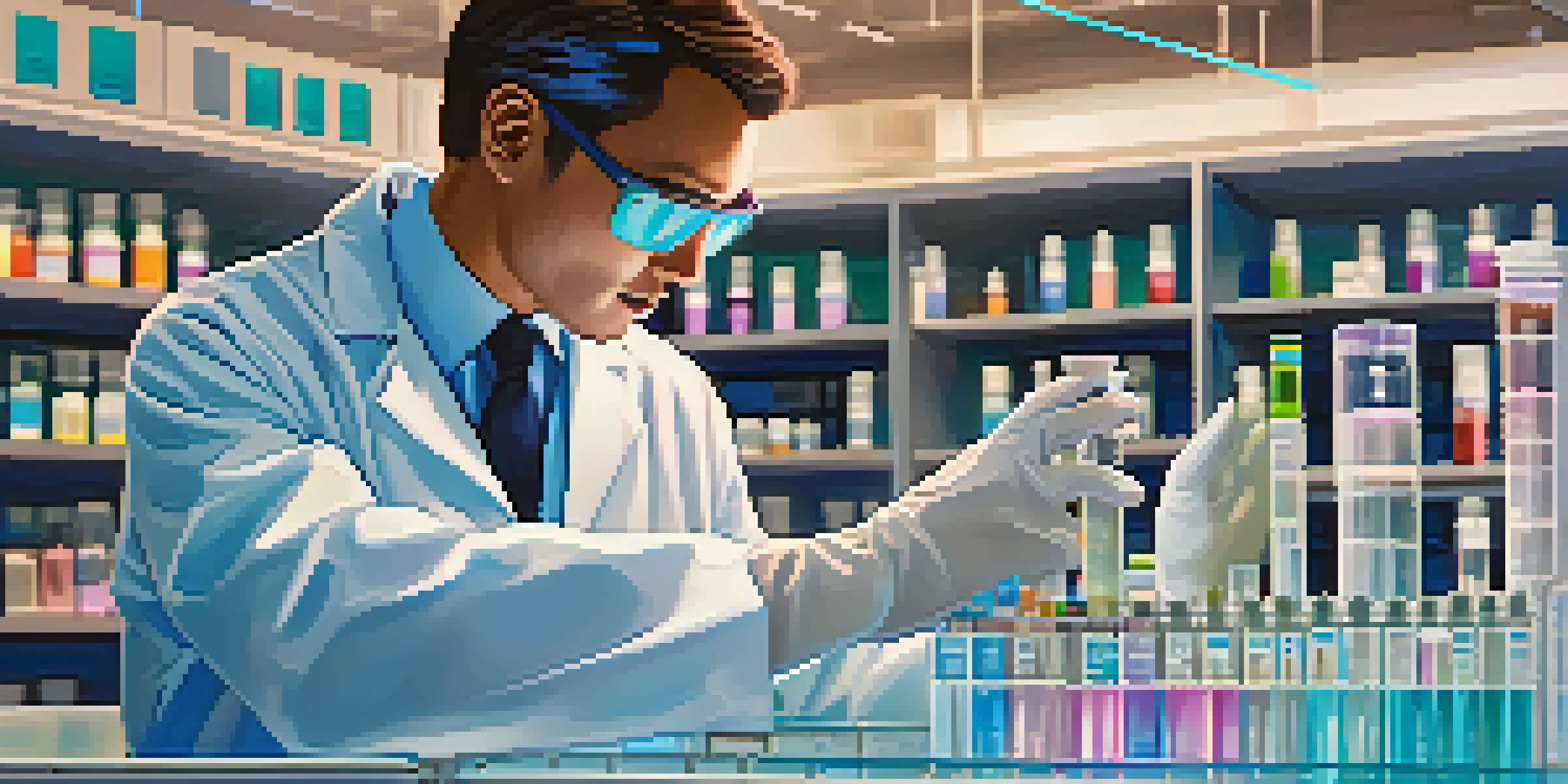 A scientist in a laboratory handling vials of mRNA vaccines with advanced equipment and digital displays in the background.