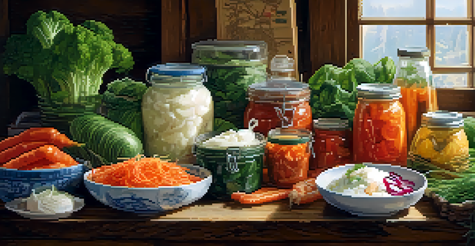 A colorful arrangement of traditional fermented foods like kimchi and sauerkraut on a wooden table, illuminated by natural light.