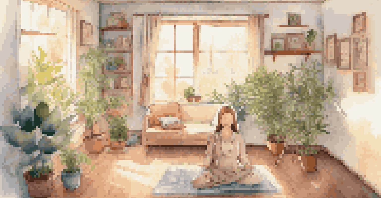 A person meditating in a sunlit room filled with cushions and inspirational decor.