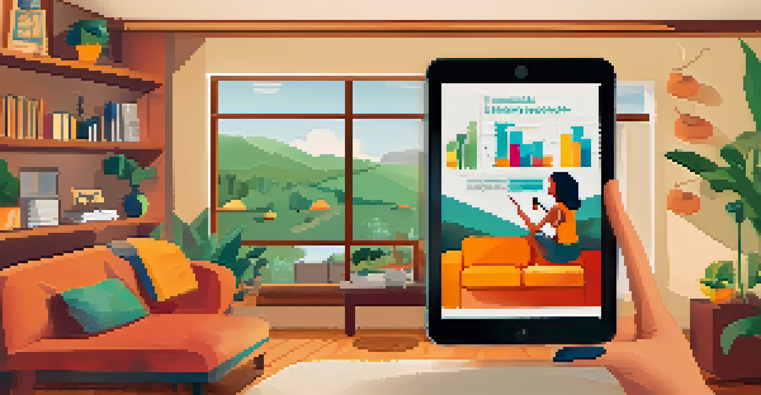 A digital tablet showing an infographic about health literacy concepts, with a person engaged in learning in a cozy living room.