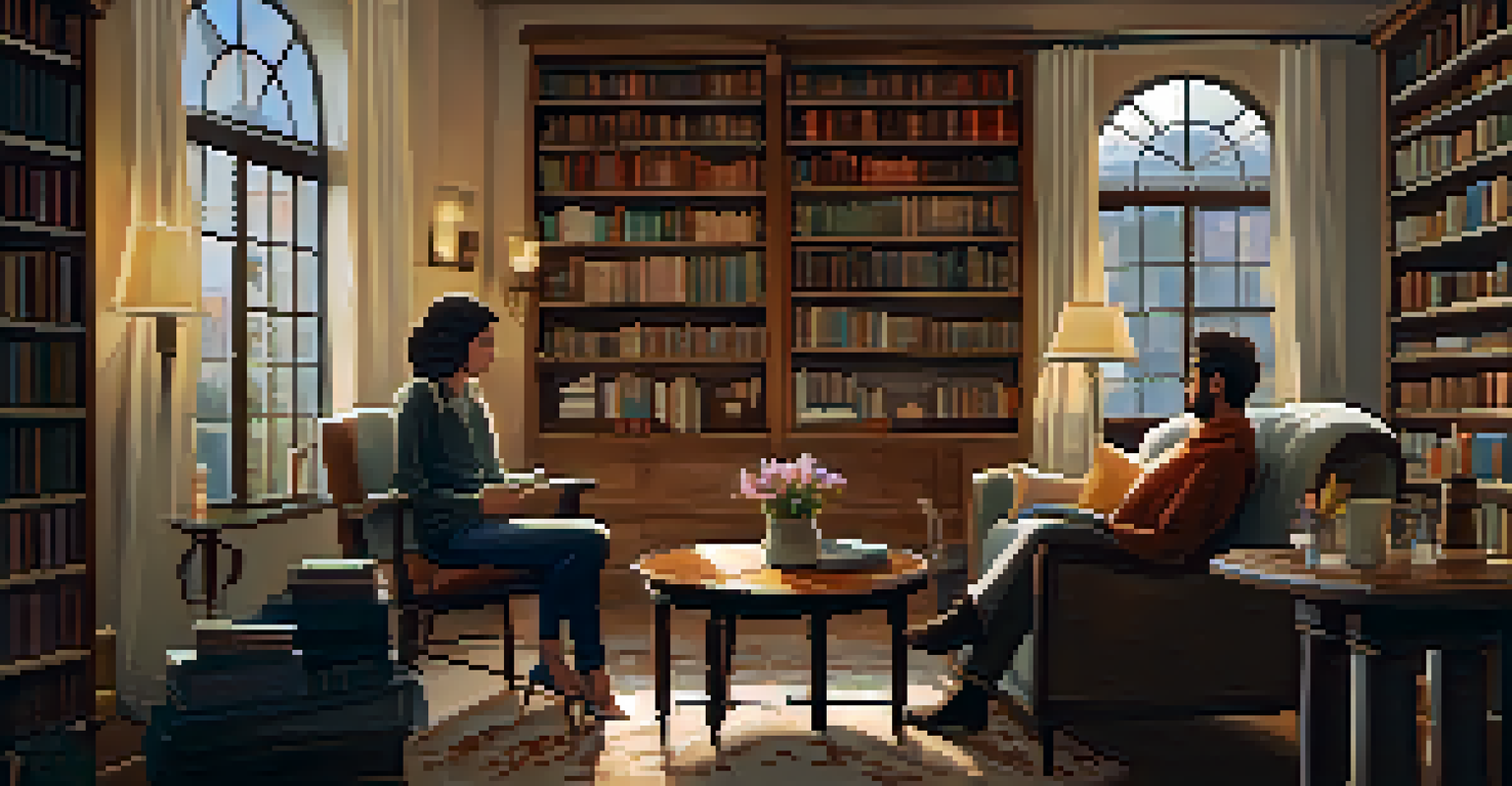 Two friends at a small table in a cozy room, sharing coffee and engaging in conversation, surrounded by bookshelves and warm lighting.