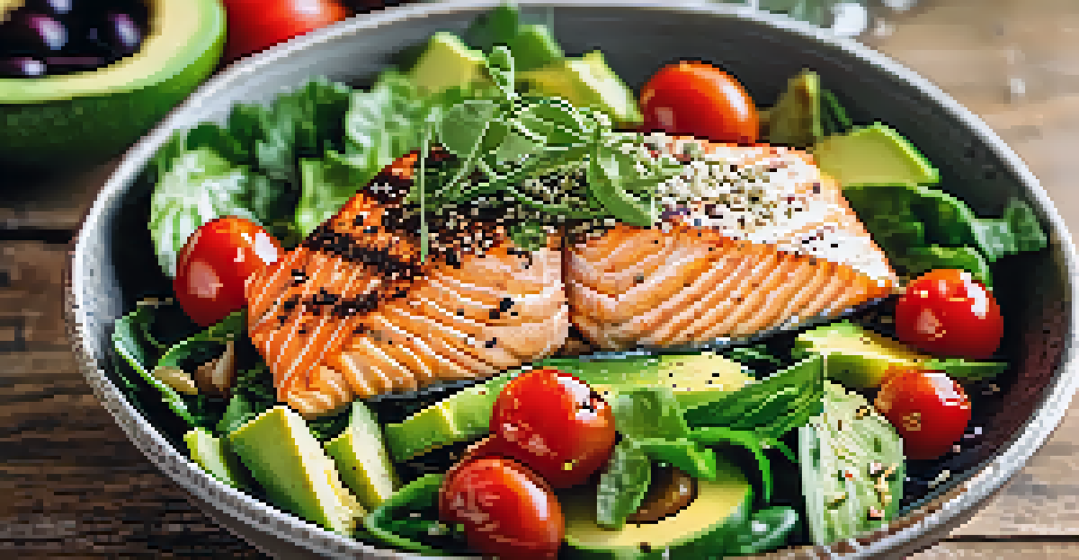 An overhead view of a colorful salad with greens, tomatoes, avocado, and salmon on a wooden table.