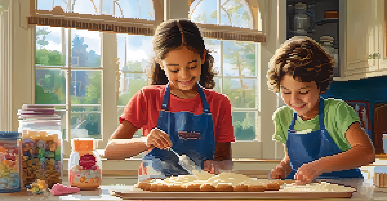 Two siblings baking cookies in a cozy kitchen, surrounded by flour and baking utensils, sharing a joyful moment.