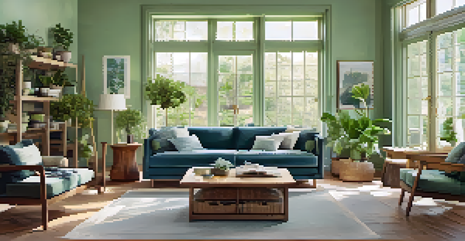 A cozy living room arranged with furniture for conversation, featuring plants and natural materials, creating a harmonious atmosphere.