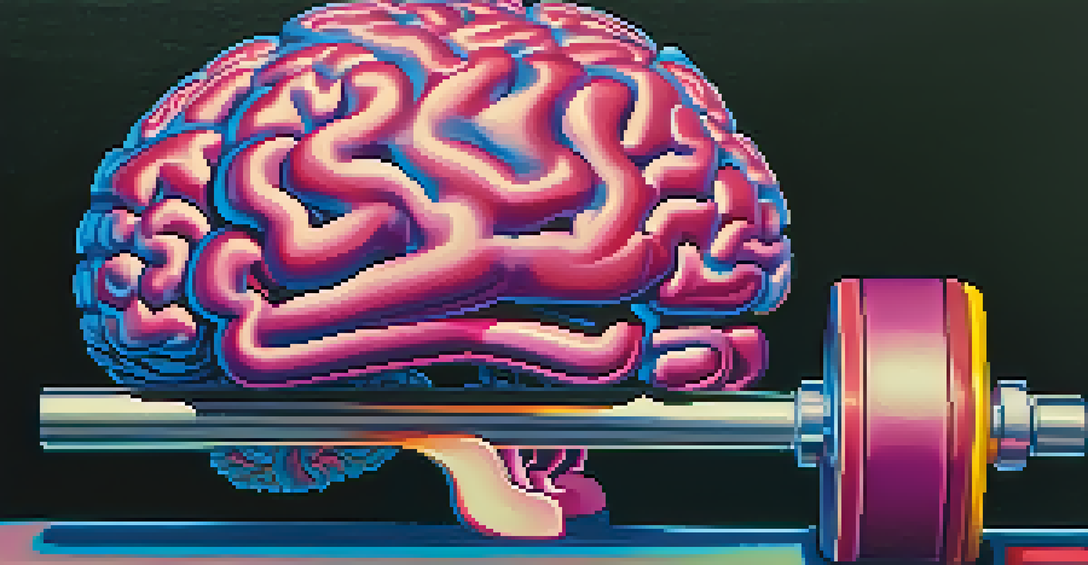 An artistic illustration of a brain lifting weights, representing focus and meditation.