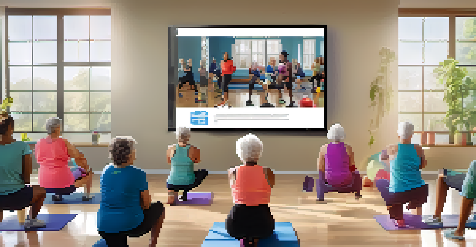 Seniors participating in a virtual fitness class in a bright room, following an instructor on a large screen.