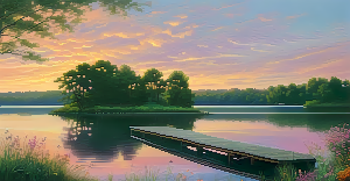 A tranquil lake surrounded by trees and wildflowers during sunset, with a wooden dock extending into the water.