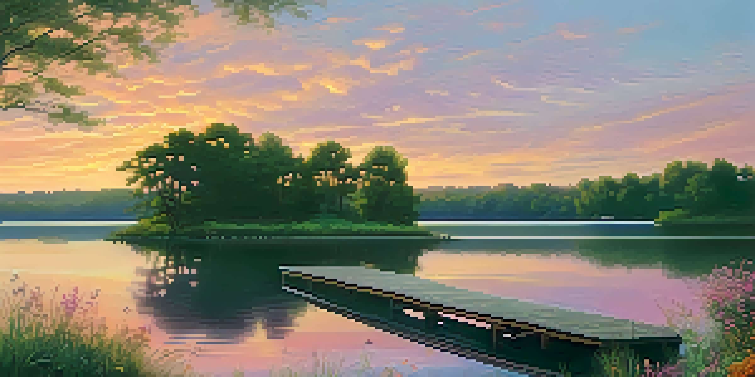 A tranquil lake surrounded by trees and wildflowers during sunset, with a wooden dock extending into the water.