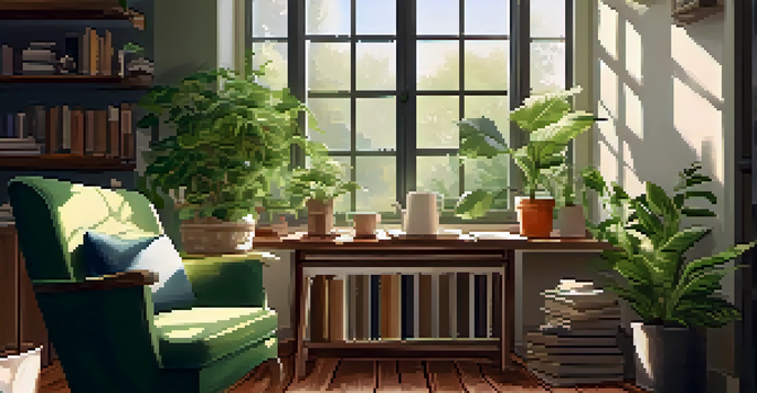 A cozy reading nook with a comfortable armchair, plants, and a table with books and tea, illuminated by warm sunlight.