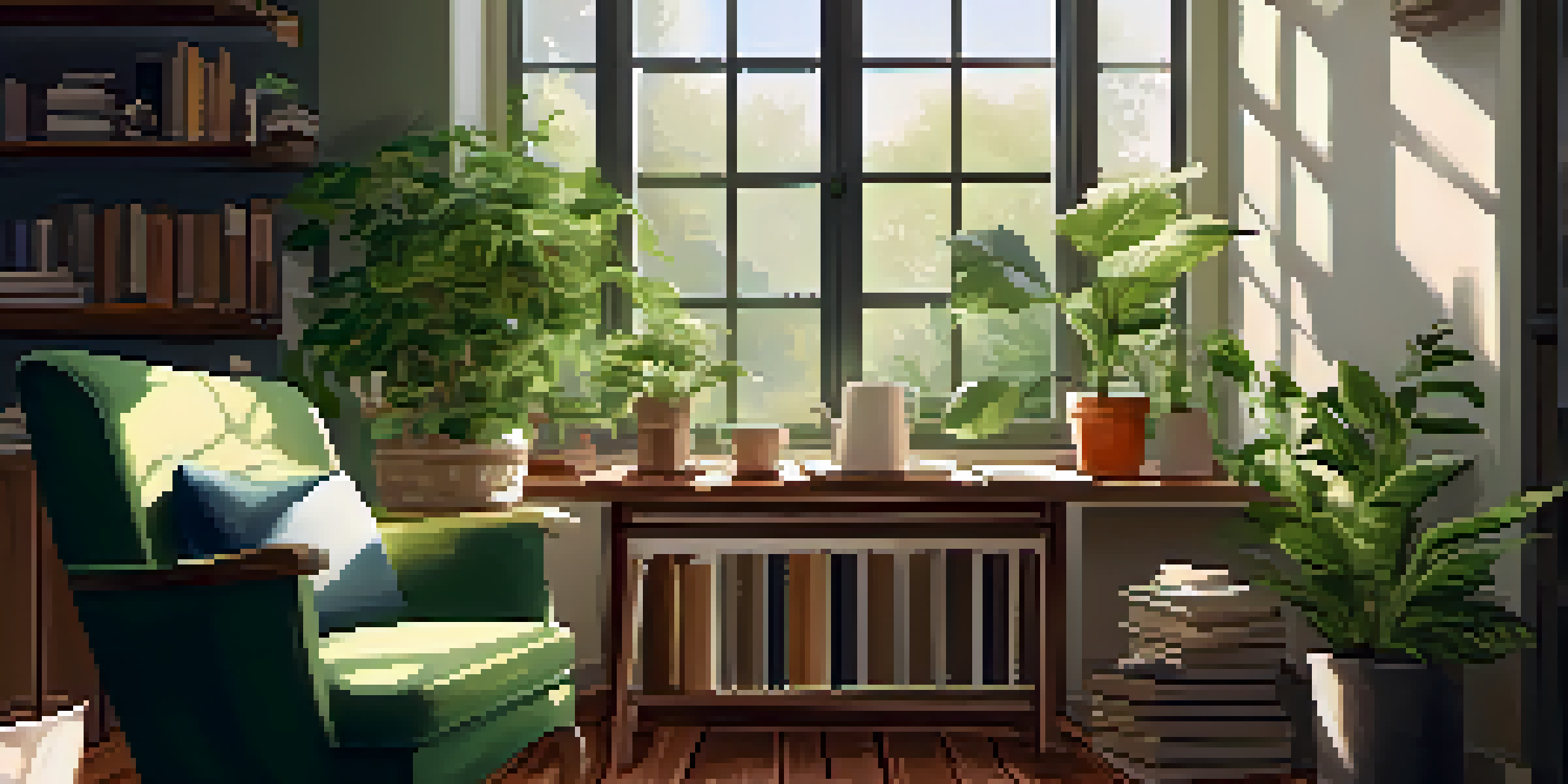 A cozy reading nook with a comfortable armchair, plants, and a table with books and tea, illuminated by warm sunlight.