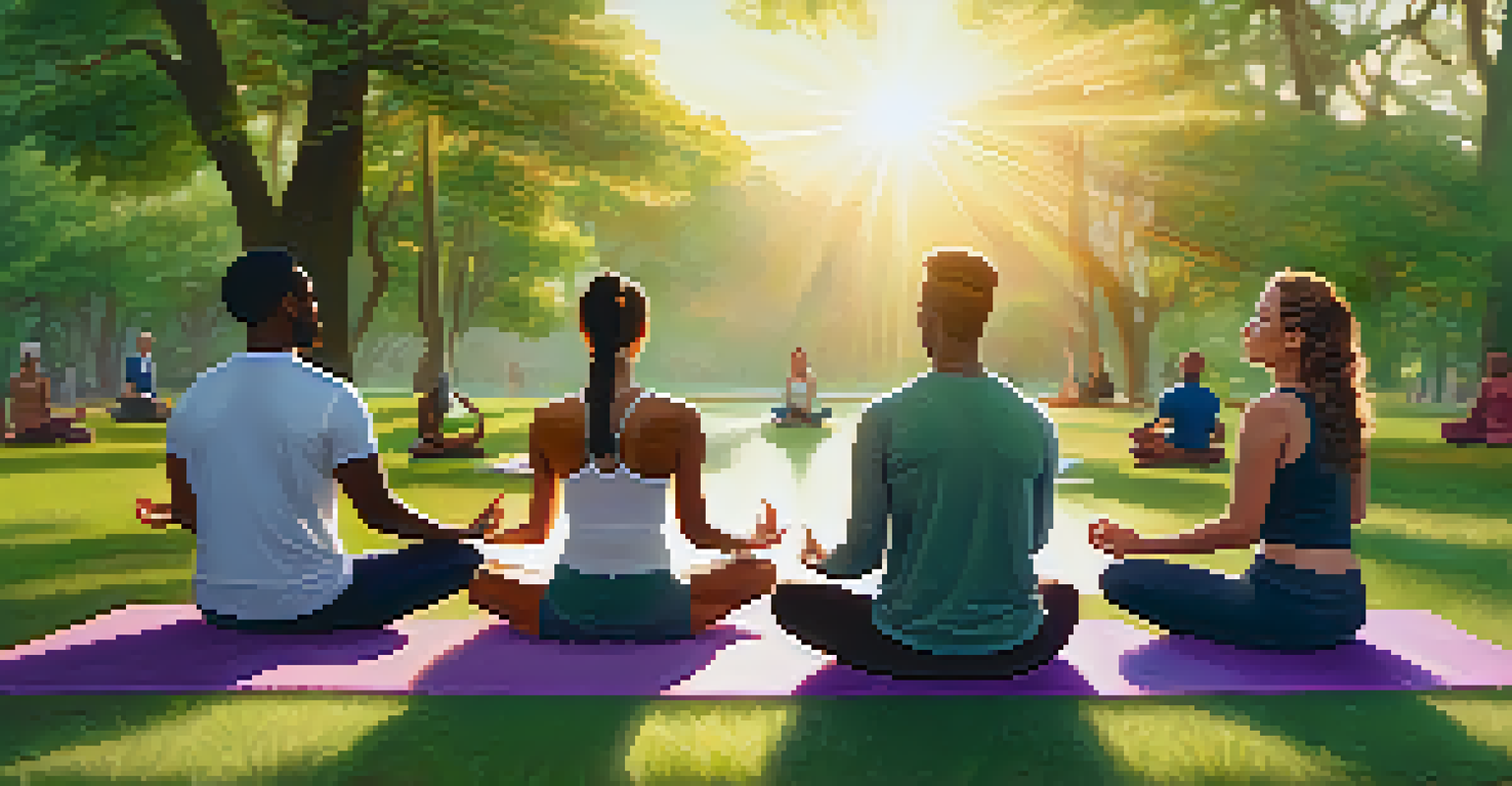 A diverse group of people meditating on yoga mats in a green park during sunset, creating a sense of tranquility.