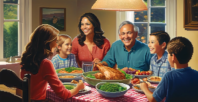A family sitting together at a dinner table, smiling and sharing stories in a warm and inviting setting.