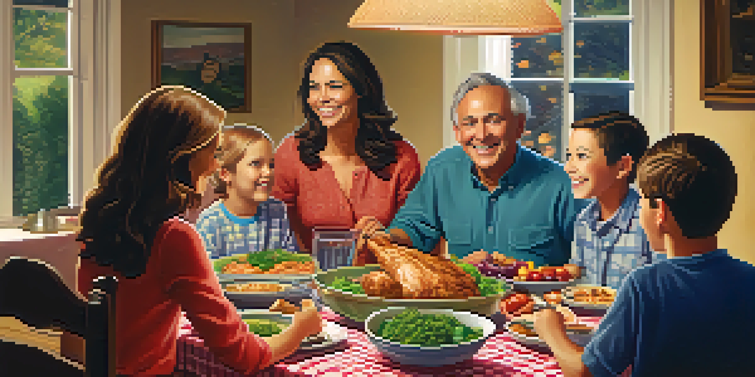 A family sitting together at a dinner table, smiling and sharing stories in a warm and inviting setting.