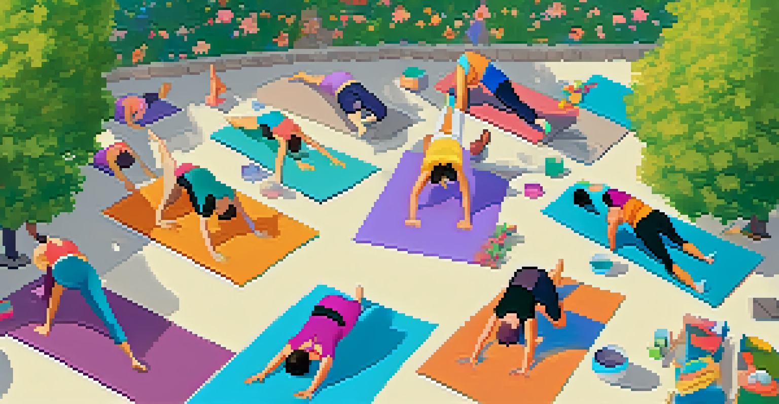 Aerial view of a diverse group practicing yoga in a park, with colorful mats and participants in various poses.