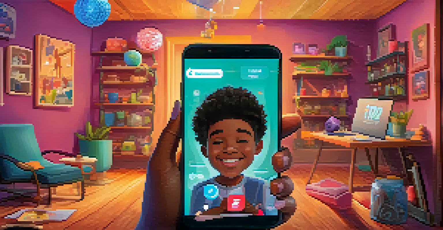 A young individual engaging with a gamified mental health app on their smartphone in a cheerful and cozy environment.