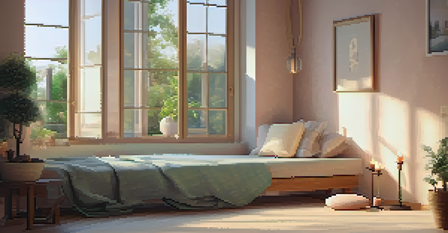 A cozy indoor meditation space with cushions, a candle, and a view of a tranquil garden outside the window.