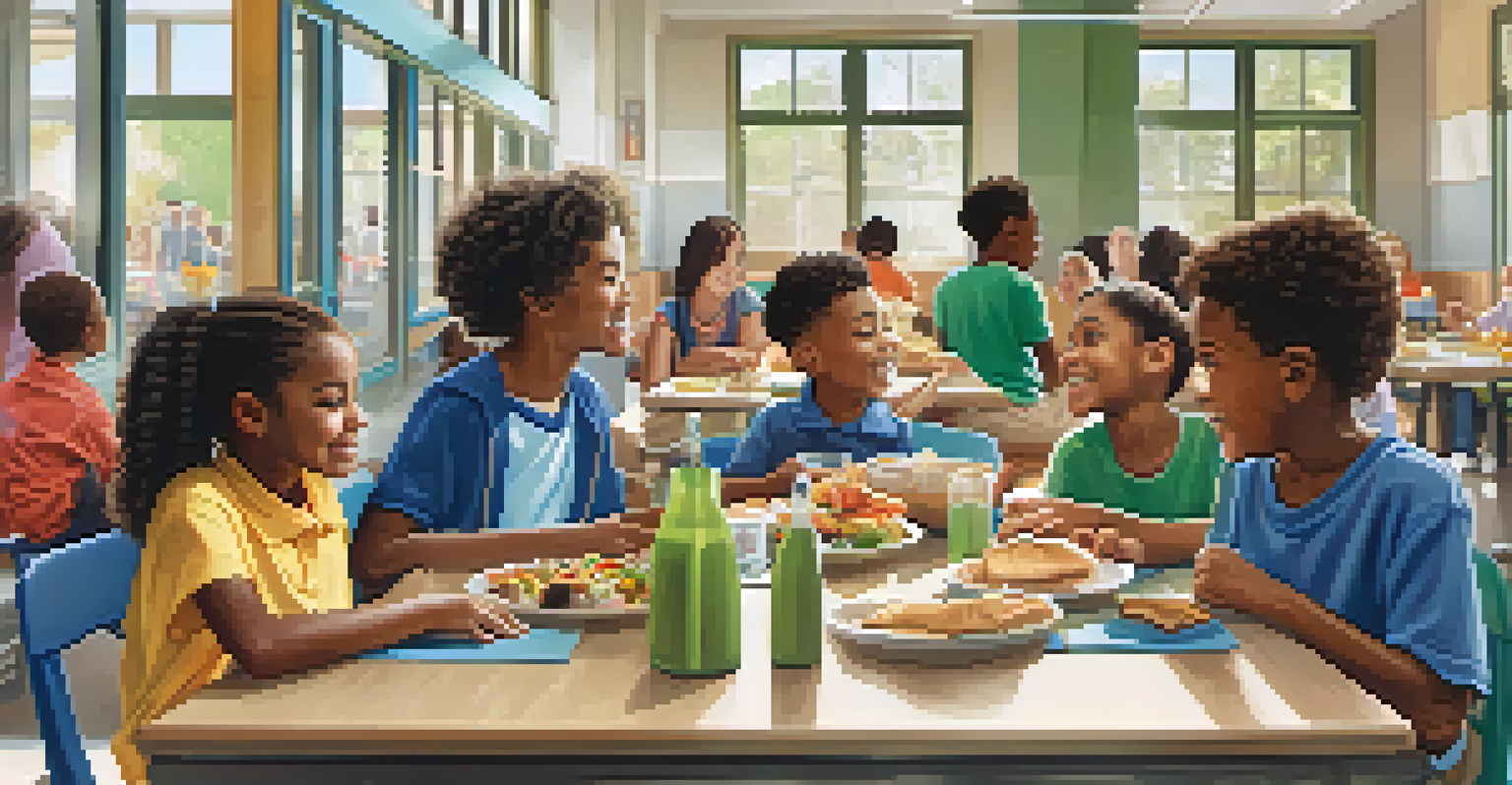 A group of children in a school cafeteria discussing food allergies at lunch, with healthy meals and an allergy action plan visible.