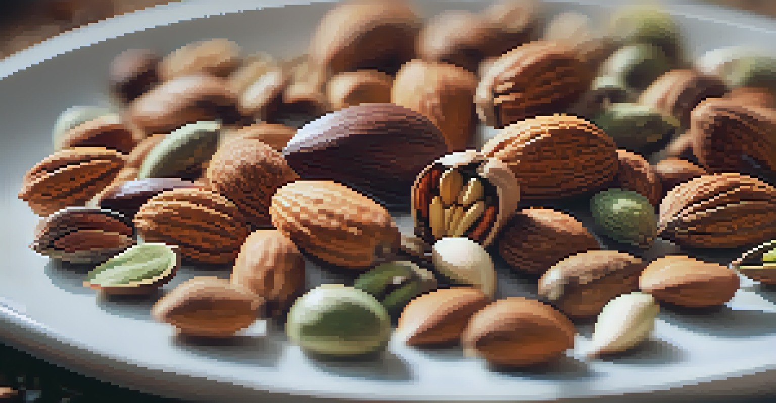 A close-up of an artistic arrangement of nuts and seeds on a white plate, showcasing almonds, walnuts, and pumpkin seeds, with a blurred background.