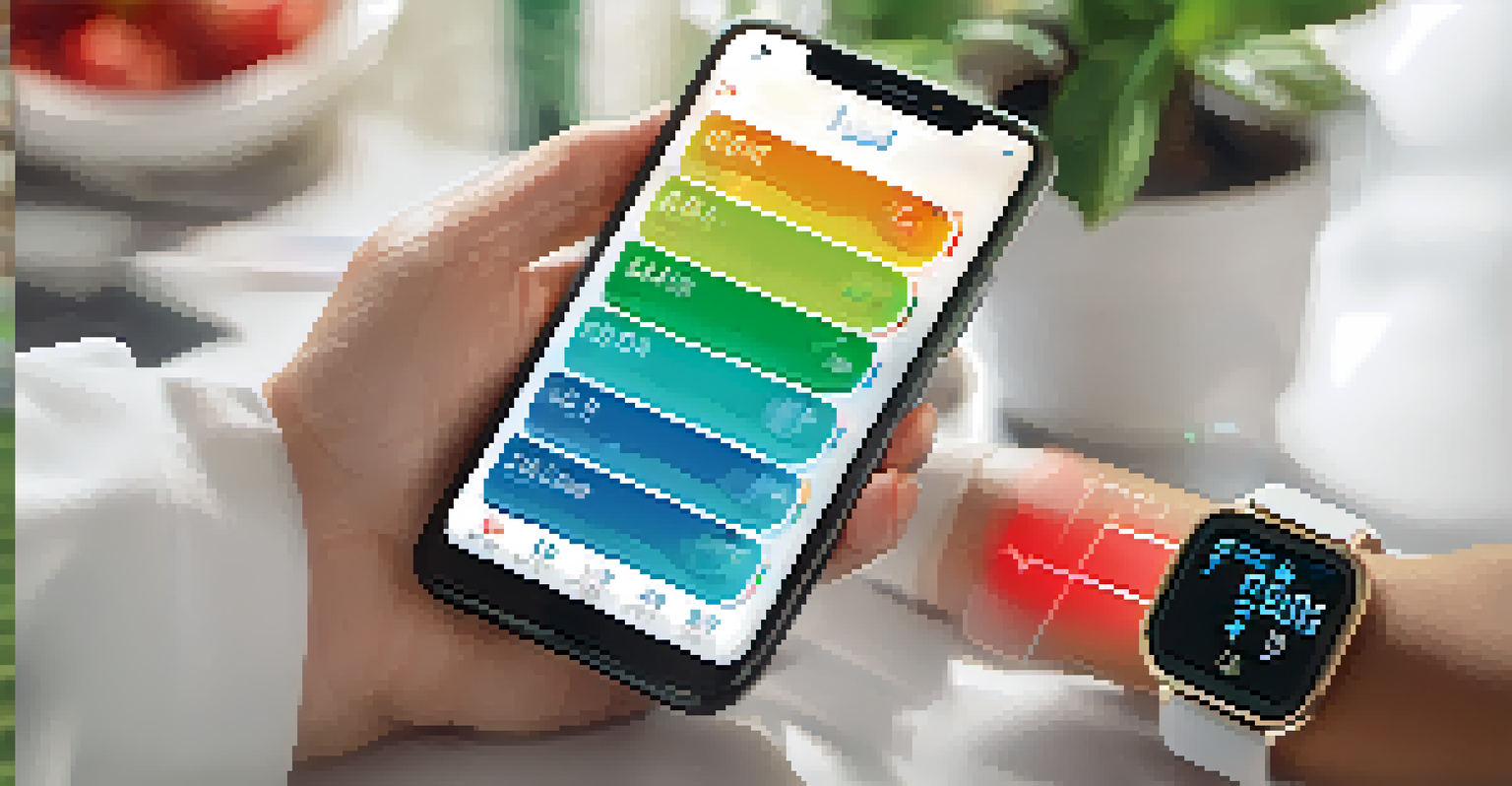 A smartphone displaying a health app with graphs while a person sits at a table in a bright and healthy setting.