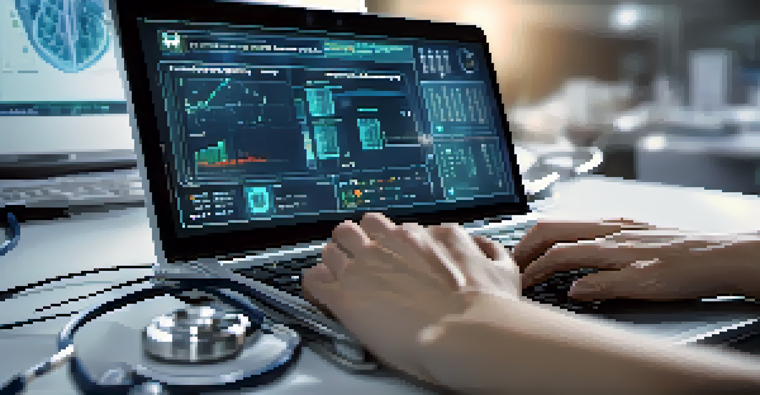 A close-up of a healthcare provider's hands on a keyboard, with an electronic health record visible on the screen.