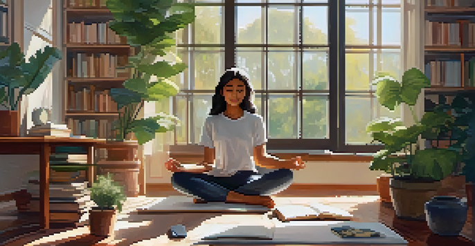 A student practicing mindfulness in a cozy study space with books and plants, illuminated by soft natural light.