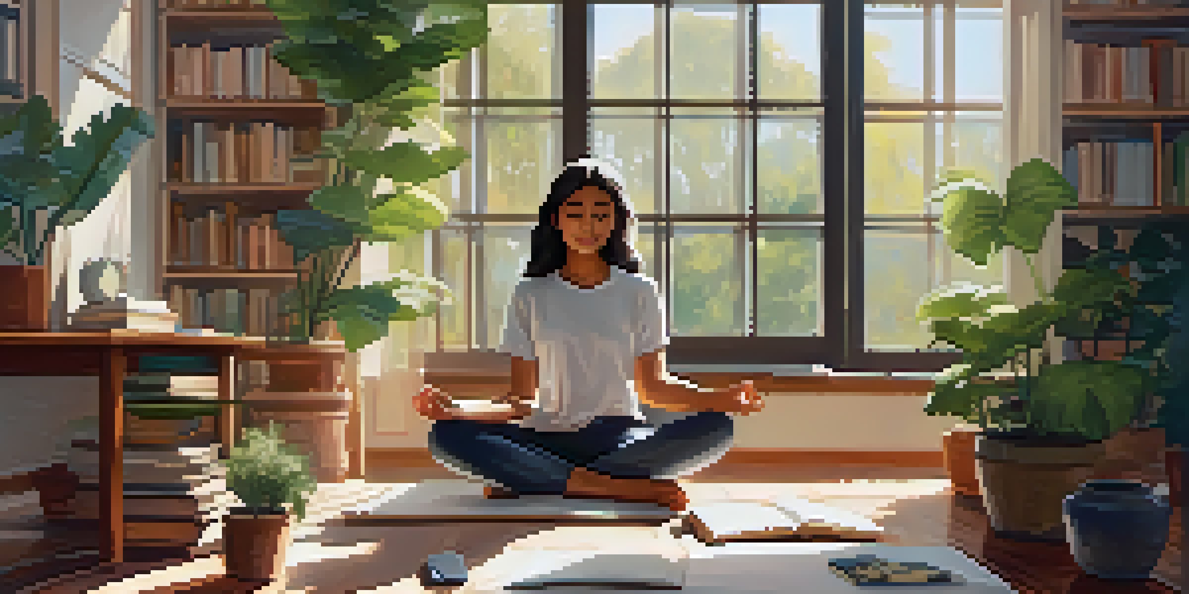 A student practicing mindfulness in a cozy study space with books and plants, illuminated by soft natural light.