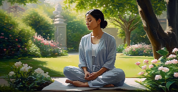 A person meditating in a tranquil garden full of flowers and greenery, with sunlight filtering through the leaves.