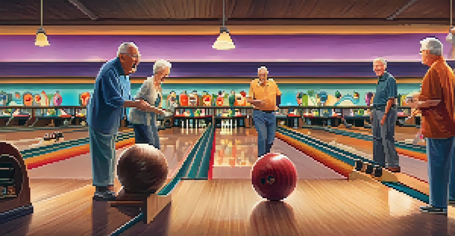 Seniors enjoying a bowling game in a cozy indoor alley, filled with laughter and colorful bowling balls.