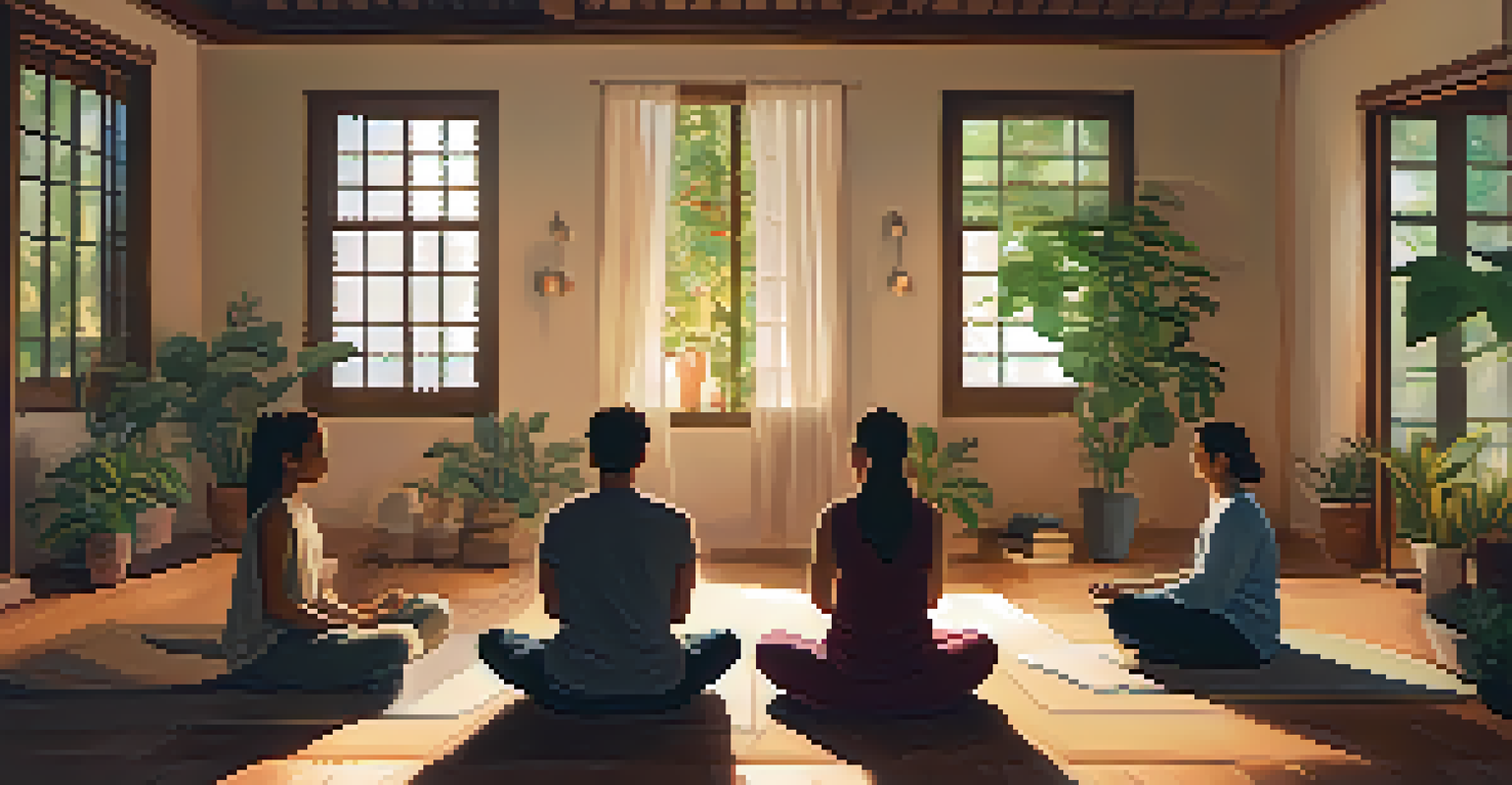 Participants seated on cushions in a softly lit room, engaged in a meditation session surrounded by plants and candles.